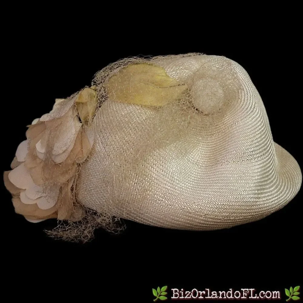 VINTAGE: 1950s Voguemont Cream Straw Pillbox Hat Flower Veil Goldblatts Tag MCM